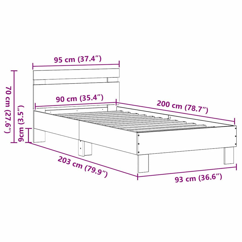 vidaXL Ágykeret fejtámlával Fekete tölgy 90 x 200 cm Faanyag