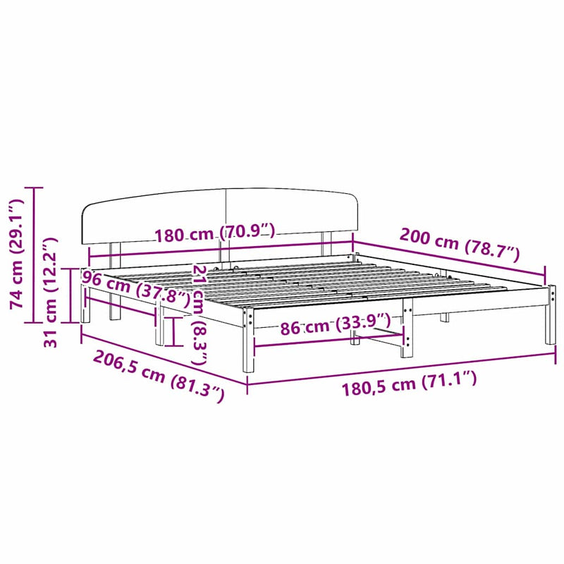 vidaXL Ágykeret fejtámlával Fehér 180 x 200 cm Tömör fenyőfa