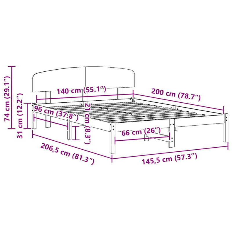 vidaXL Ágykeret fejtámlával Fehér 140 x 200 cm Tömör fenyőfa