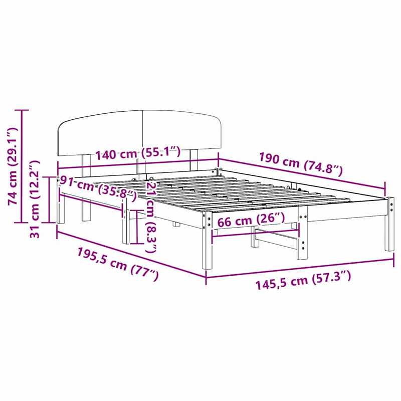 vidaXL Ágykeret fejtámlával Természetes 140 x 190 cm Tömör fenyőfa