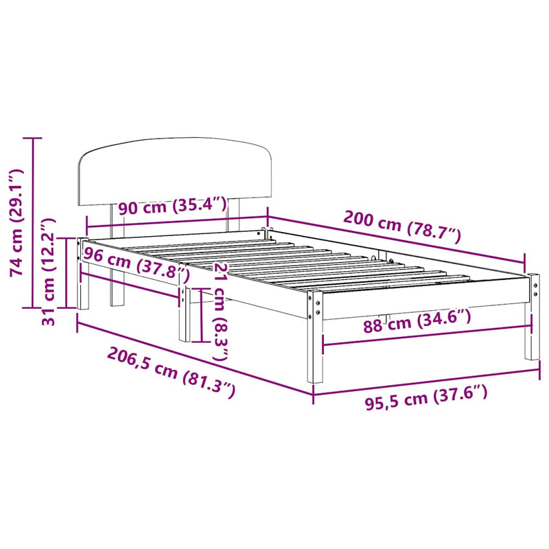 vidaXL Ágykeret fejtámlával Természetes 90 x 200 cm Tömör fenyőfa