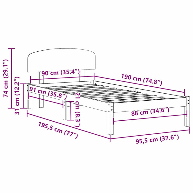 vidaXL Ágykeret fejtámlával Fehér 90 x 190 cm Tömör fenyőfa