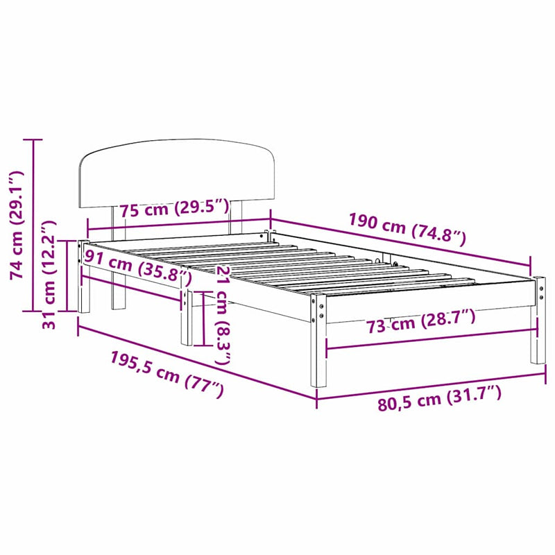 vidaXL Ágykeret fejtámlával Természetes 75 x 190 cm Tömör fenyőfa