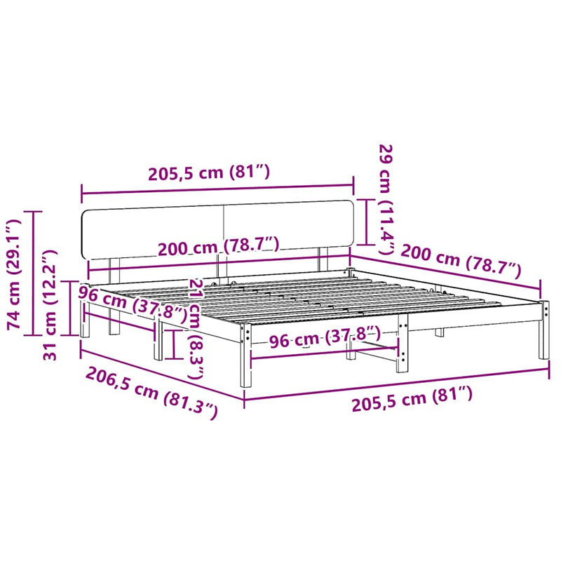 vidaXL Ágykeret fejtámlával Természetes 200 x 200 cm Tömör fenyőfa