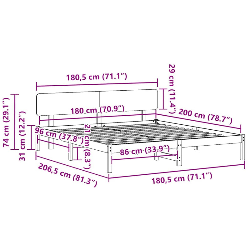 vidaXL Ágykeret fejtámlával Természetes 180 x 200 cm Tömör fenyőfa