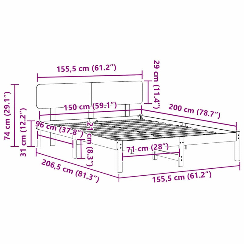vidaXL Ágykeret fejtámlával Természetes 150 x 200 cm Tömör fenyőfa