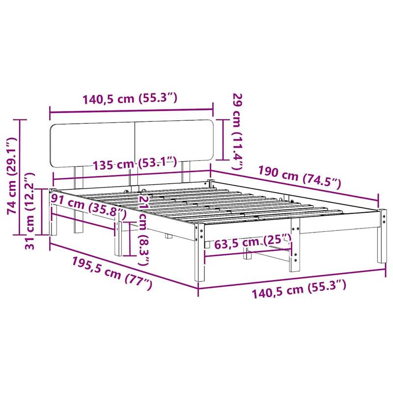 vidaXL Ágykeret fejtámlával Fehér 135 x 190 cm Tömör fenyőfa