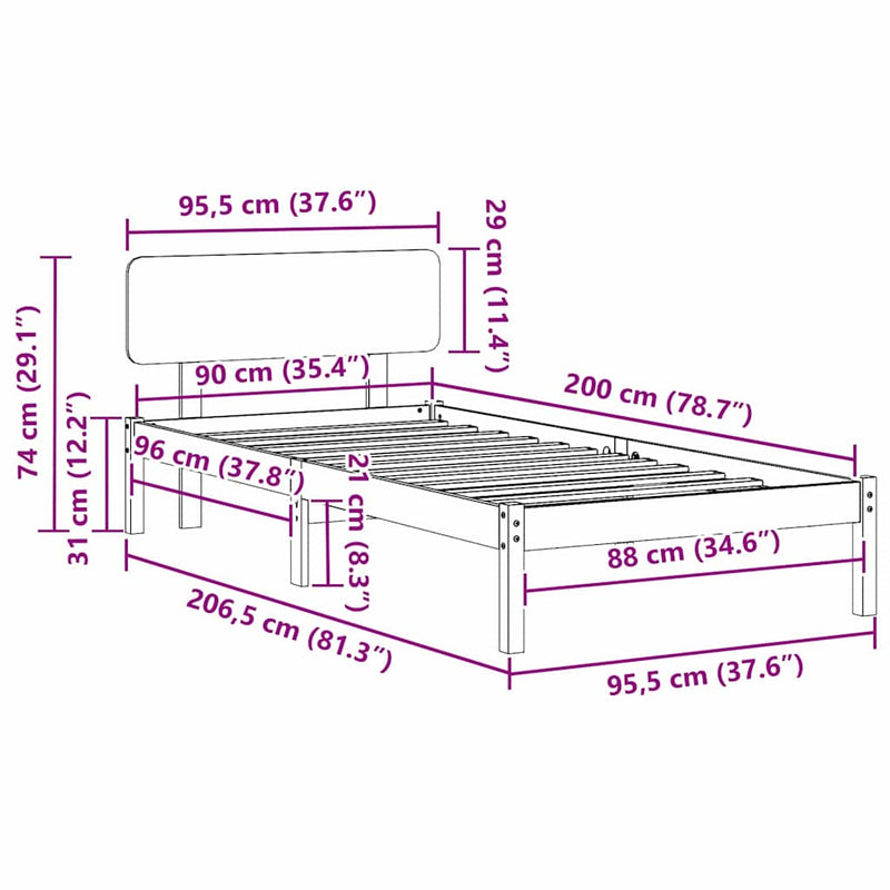 vidaXL Ágykeret fejtámlával Természetes 90 x 200 cm Tömör fenyőfa