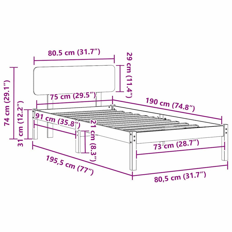vidaXL Ágykeret fejtámlával Fehér 75 x 190 cm Tömör fenyőfa