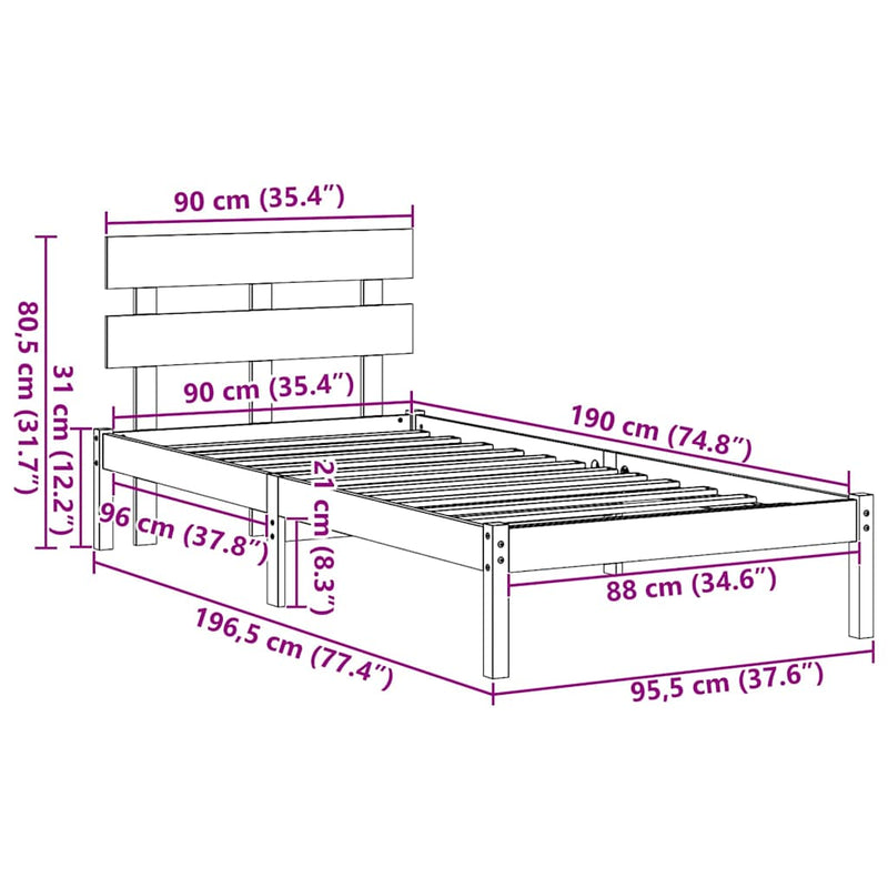 vidaXL Ágykeret fejtámlával Fehér 90 x 190 cm Tömör fenyőfa