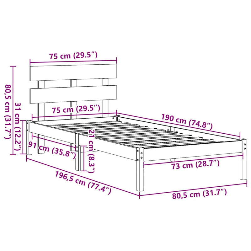 vidaXL Ágykeret fejtámlával Barna 75 x 190 cm Tömör fenyőfa