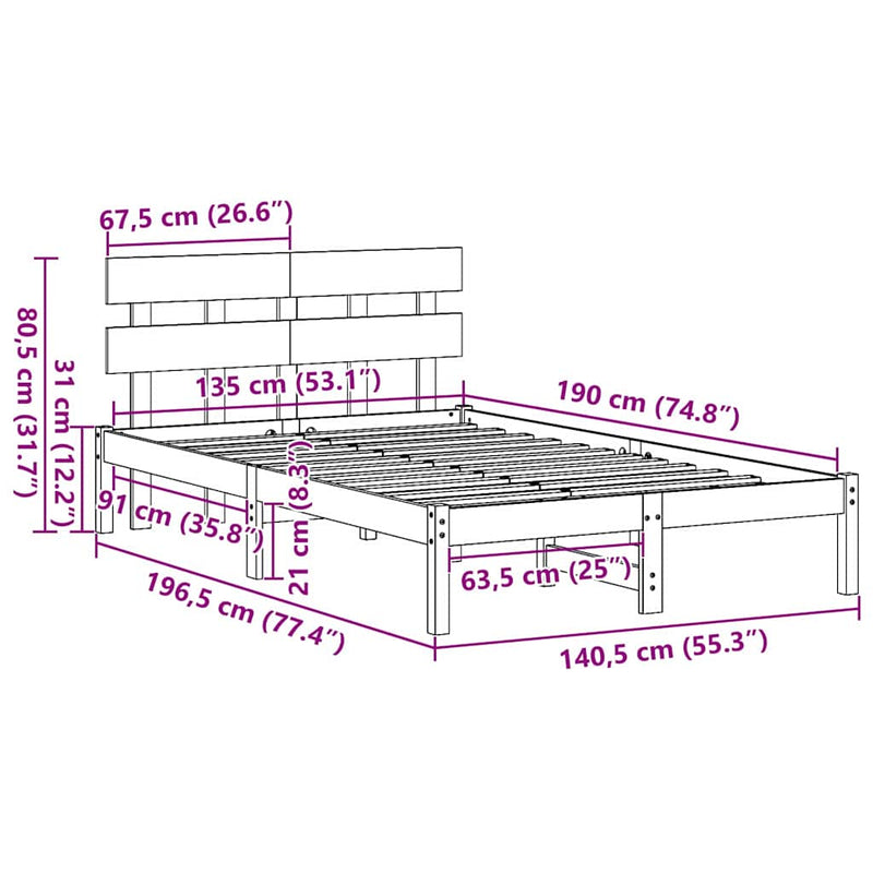 vidaXL Ágykeret fejtámlával Fehér 135 x 190 cm Tömör fenyőfa