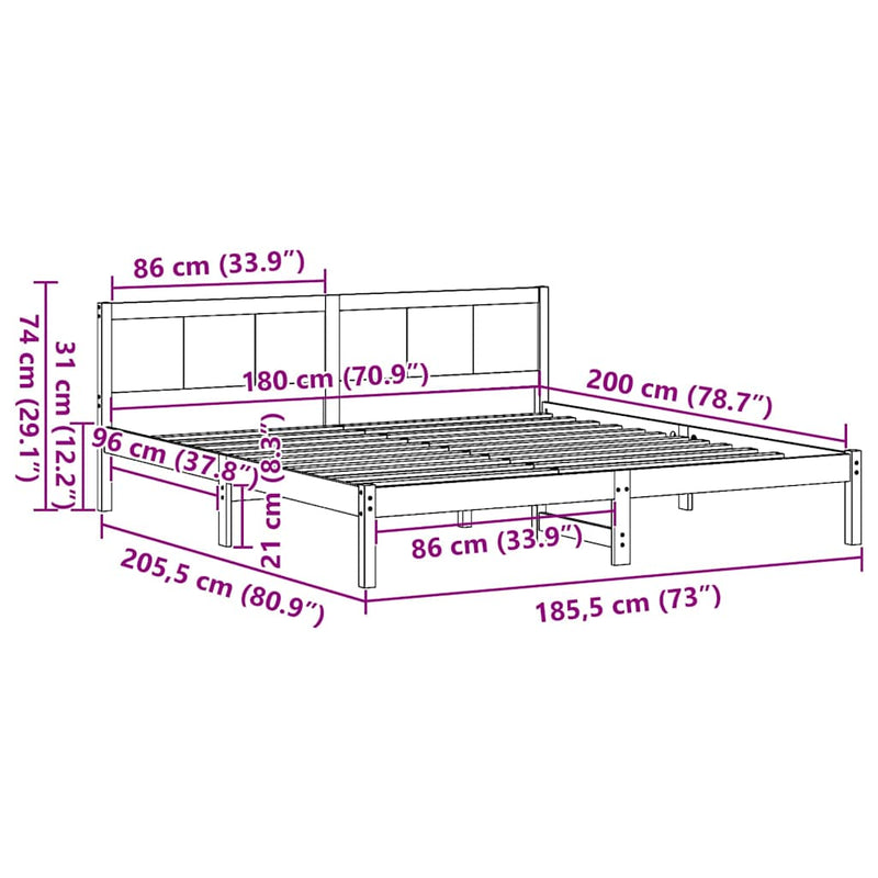 vidaXL Ágykeret Fehér 180 x 200 cm Tömör fenyőfa