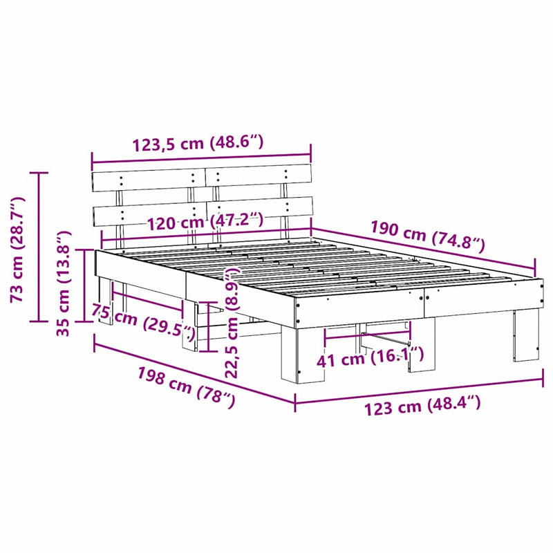 vidaXL Ágykeret fejtámlával Természetes 120 x 190 cm Tömör fenyőfa