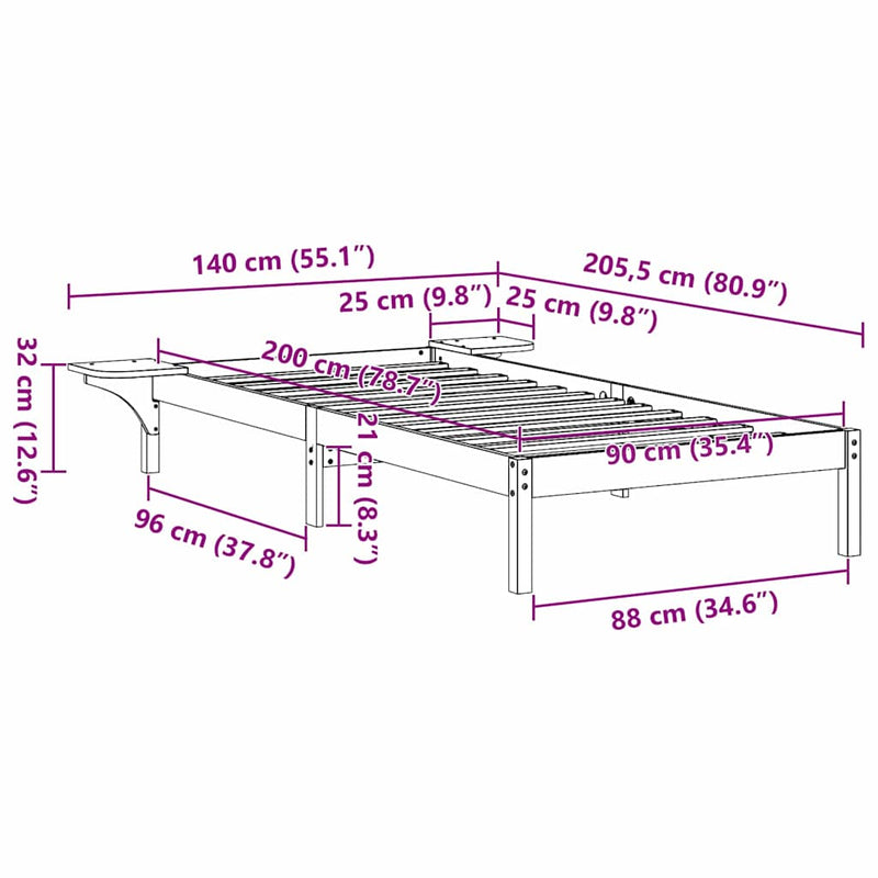 vidaXL Ágykeret Fehér 90 x 200 cm Tömör fenyőfa