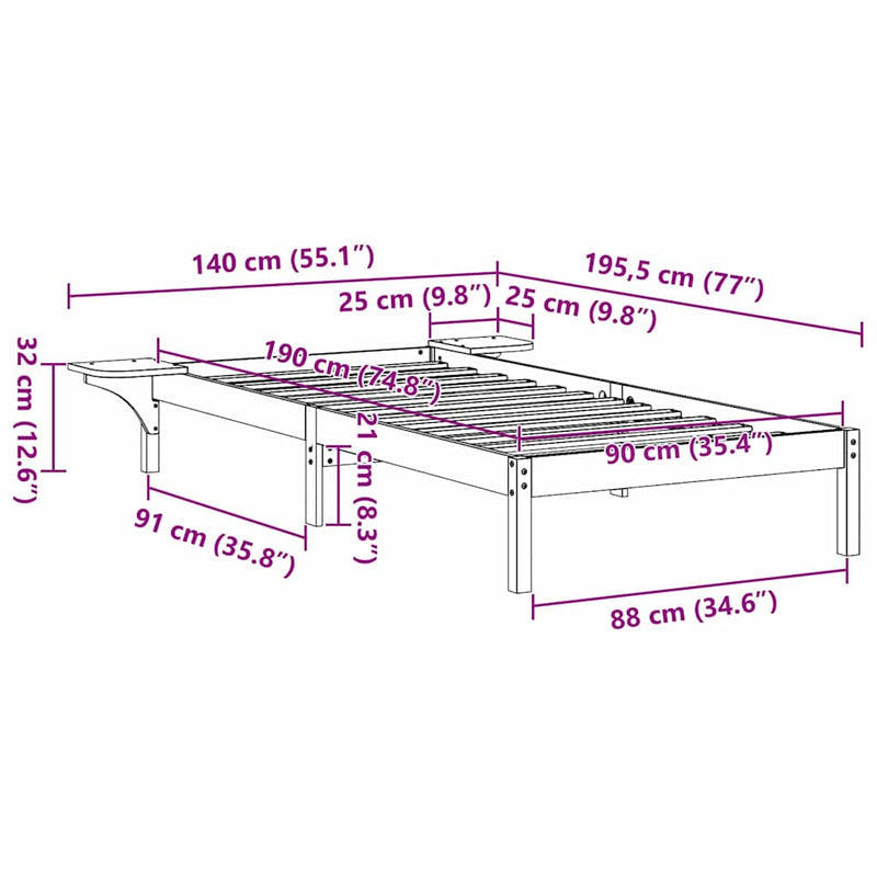 vidaXL Ágykeret Természetes 90 x 190 cm Tömör fenyőfa