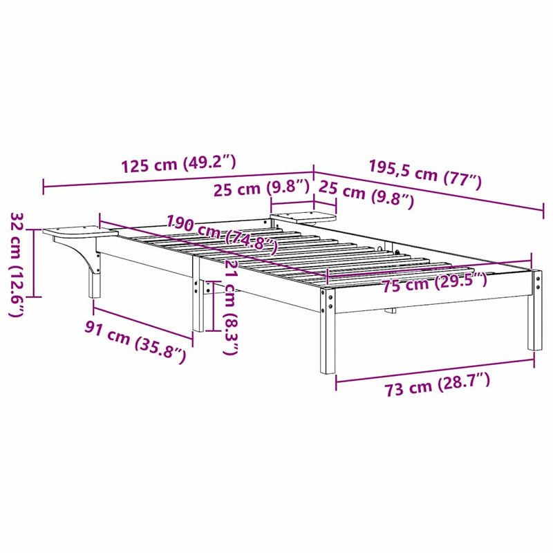 vidaXL Ágykeret Természetes 75 x 190 cm Tömör fenyőfa