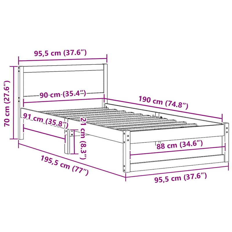 vidaXL Ágykeret fejtámlával Faggyú barna 90 x 190 cm Tömör fenyőfa