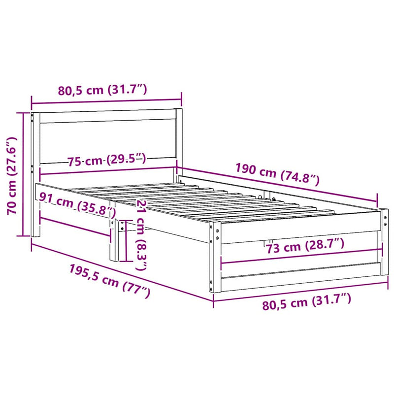 vidaXL Ágykeret fejtámlával Faggyú barna 75 x 190 cm Tömör fenyőfa
