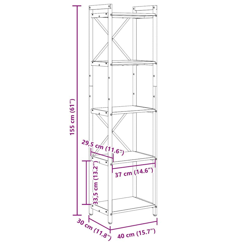 vidaXL Könyvespolc Fekete tölgy 40 x 30 x 155 cm Faanyag