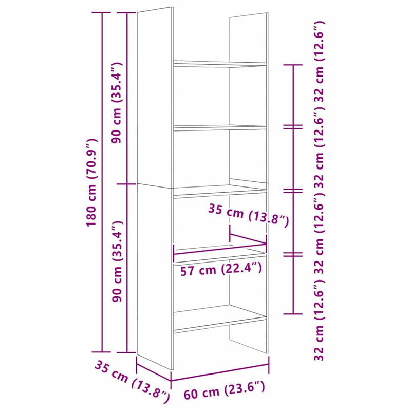 vidaXL Könyvespolc kézműves tölgy 60 x 35 x 180 cm Faanyag