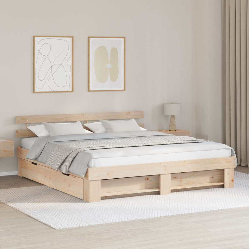 vidaXL Ágykeret fejtámlával fiókkal Barna 200 x 200 cm Tömör fenyőfa