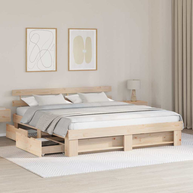 vidaXL Ágykeret fejtámlával fiókkal Barna 200 x 200 cm Tömör fenyőfa