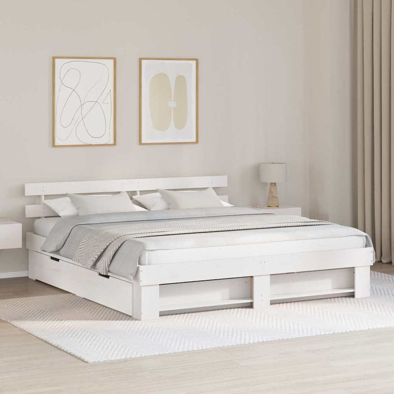 vidaXL Ágykeret fejtámlával fiókkal Fehér 200 x 200 cm Tömör fenyőfa
