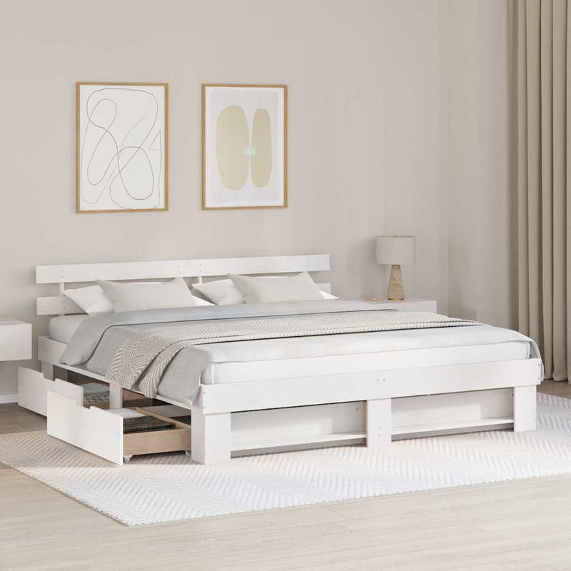 vidaXL Ágykeret fejtámlával fiókkal Fehér 200 x 200 cm Tömör fenyőfa