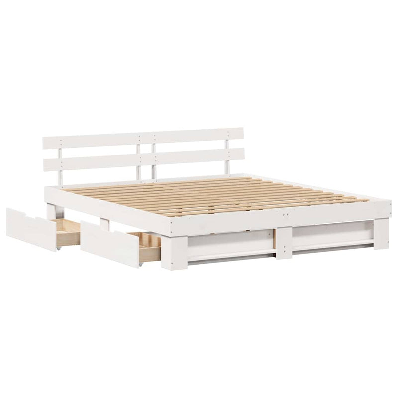 vidaXL Ágykeret fejtámlával fiókkal Fehér 200 x 200 cm Tömör fenyőfa