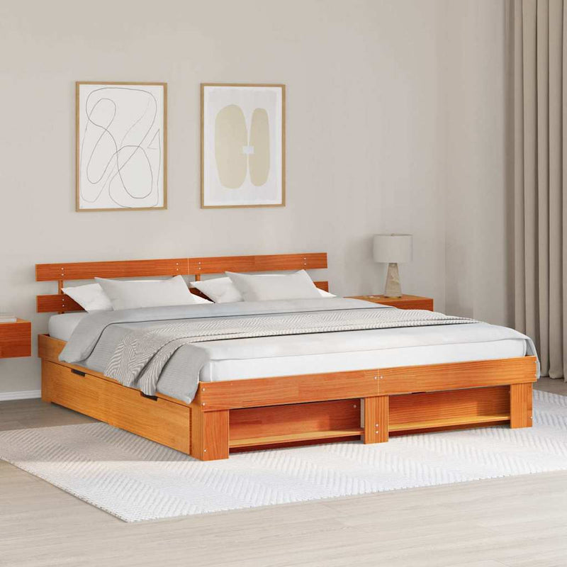 vidaXL Ágykeret fejtámlával Viaszbarna 200 x 200 cm Tömör fenyőfa