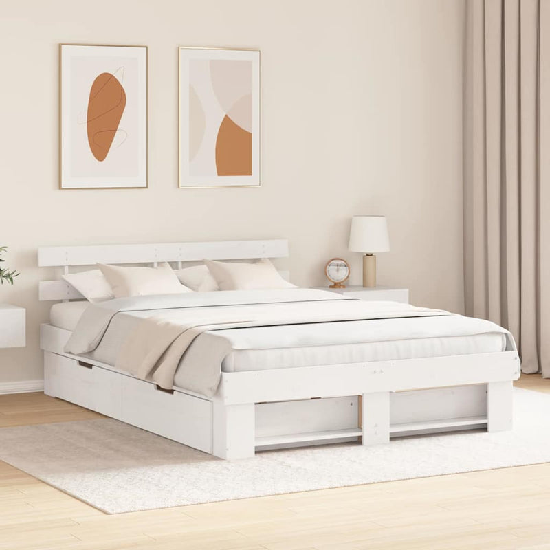vidaXL Ágykeret fejtámlával fiókkal Fehér 150 x 200 cm Tömör fenyőfa