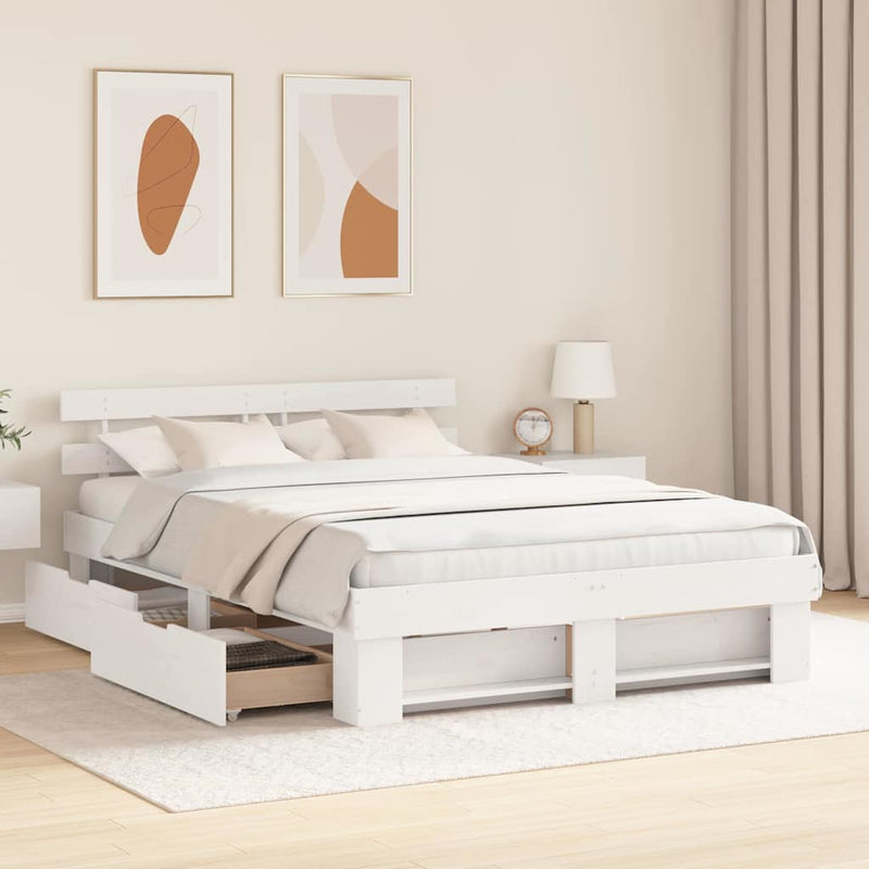 vidaXL Ágykeret fejtámlával fiókkal Fehér 150 x 200 cm Tömör fenyőfa