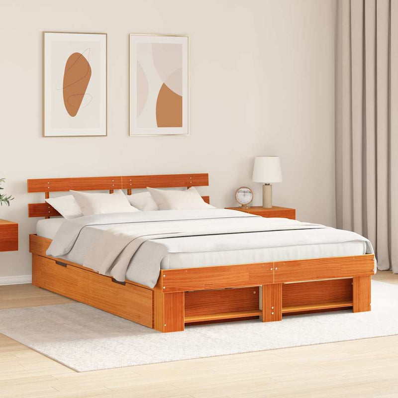 vidaXL Ágykeret fejtámlával Viaszbarna 150 x 200 cm Tömör fenyőfa