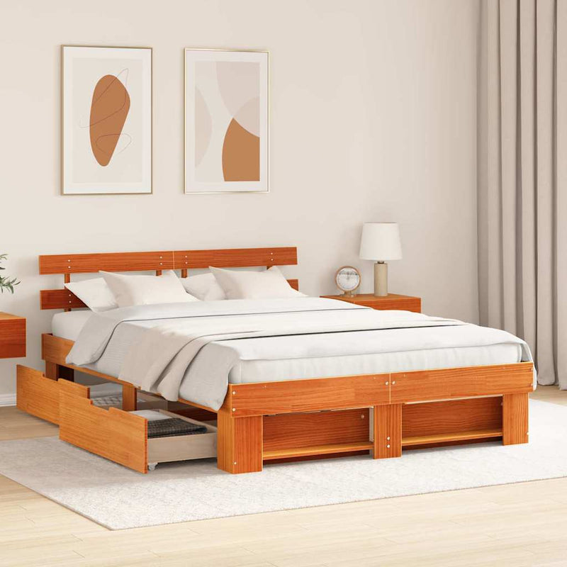 vidaXL Ágykeret fejtámlával Viaszbarna 150 x 200 cm Tömör fenyőfa