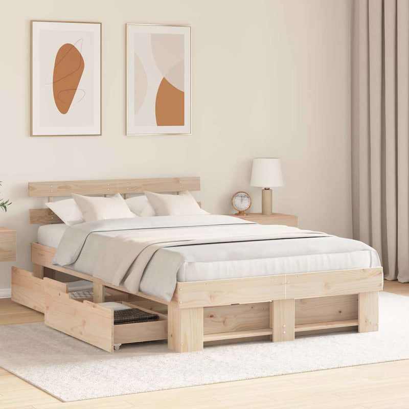 vidaXL Ágykeret fejtámlával fiókkal Barna 140 x 190 cm Tömör fenyőfa