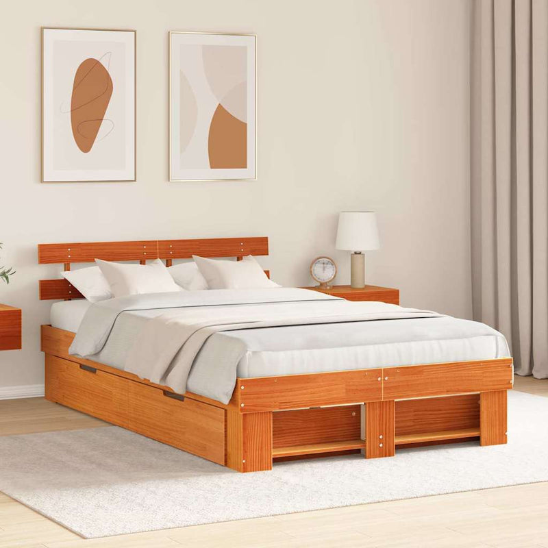 vidaXL Ágykeret fejtámlával fiókkal Barna 140 x 190 cm Tömör fenyőfa