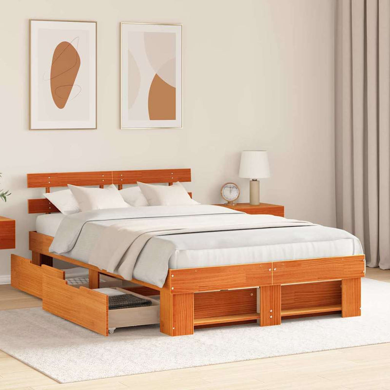 vidaXL Ágykeret fejtámlával fiókkal Barna 135 x 190 cm Tömör fenyőfa