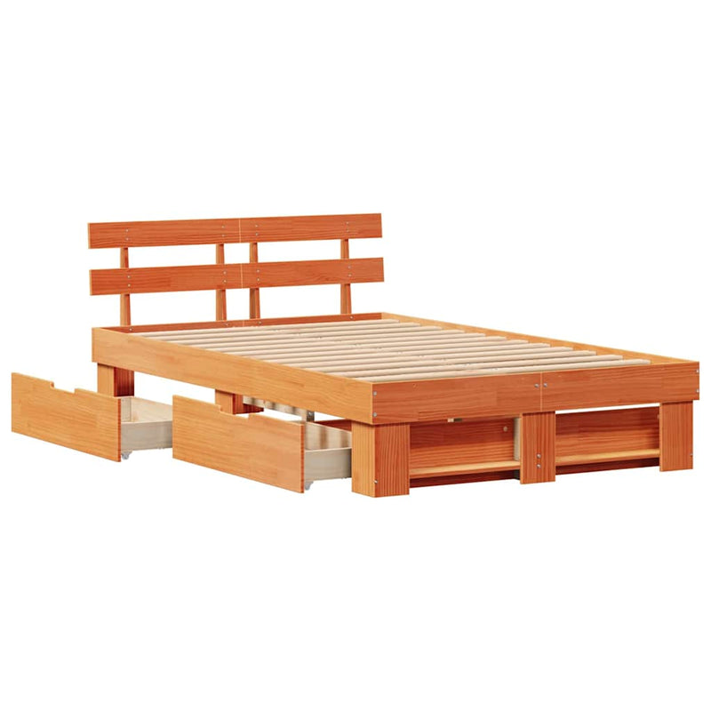 vidaXL Ágykeret fejtámlával fiókkal Barna 135 x 190 cm Tömör fenyőfa