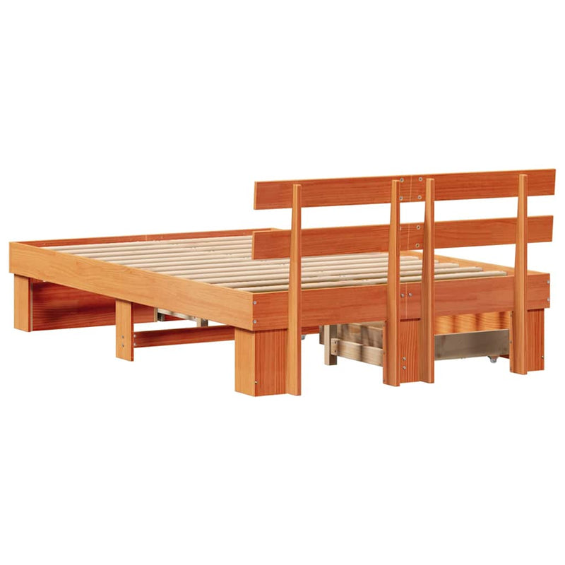 vidaXL Ágykeret fejtámlával fiókkal Barna 135 x 190 cm Tömör fenyőfa