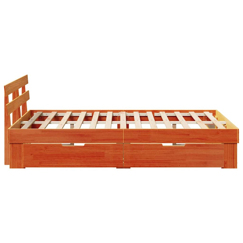 vidaXL Ágykeret fejtámlával fiókkal Barna 135 x 190 cm Tömör fenyőfa