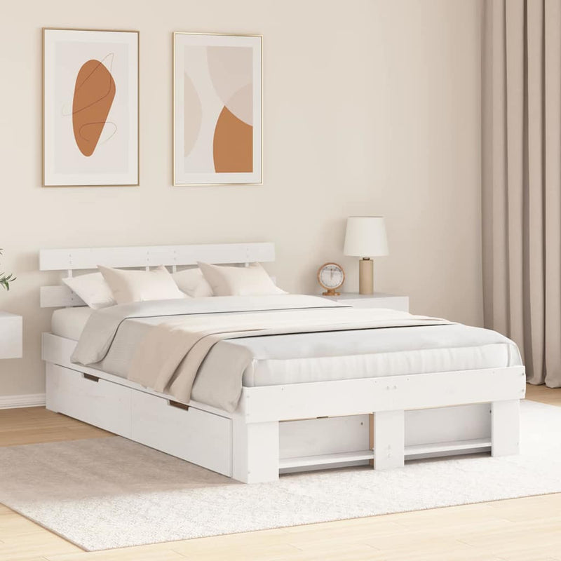vidaXL Ágykeret fejtámlával fiókkal Fehér 120 x 190 cm Tömör fenyőfa