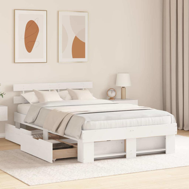 vidaXL Ágykeret fejtámlával fiókkal Fehér 120 x 190 cm Tömör fenyőfa