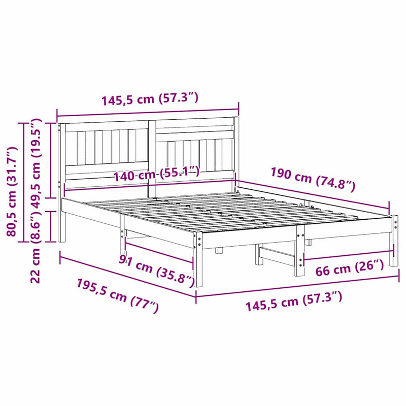 vidaXL Ágykeret fejtámlával Faggyú barna 140 x 190 cm Tömör fenyőfa