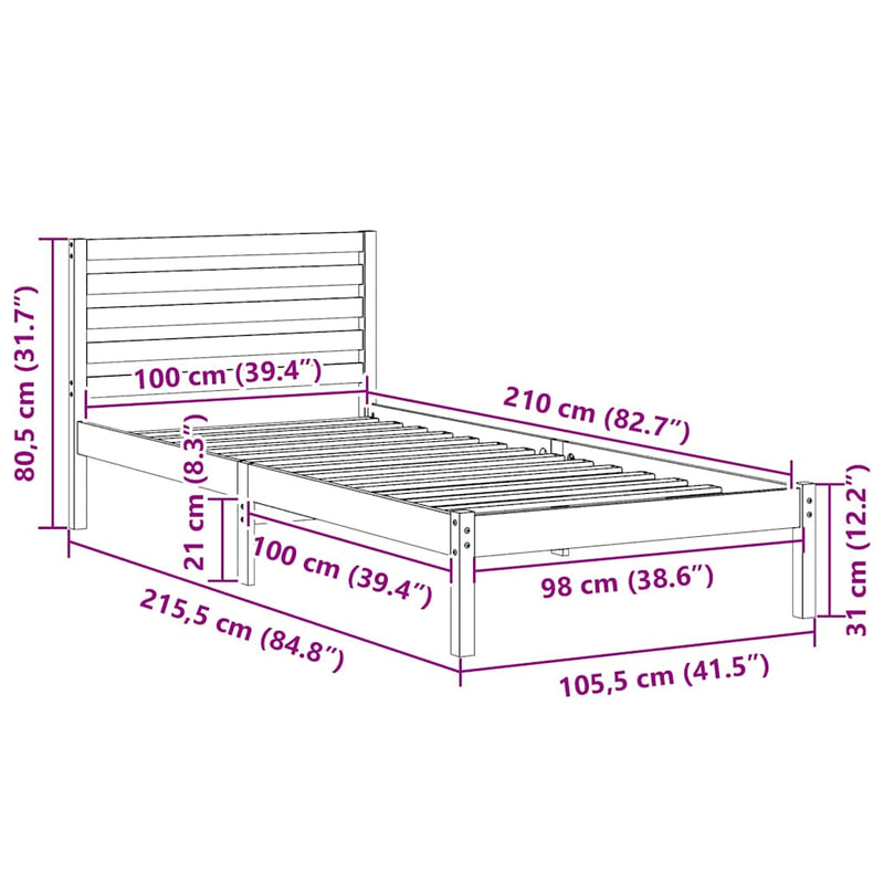 vidaXL Ágykeret fejtámlával Fehér 100 x 210 cm Tömör fenyőfa