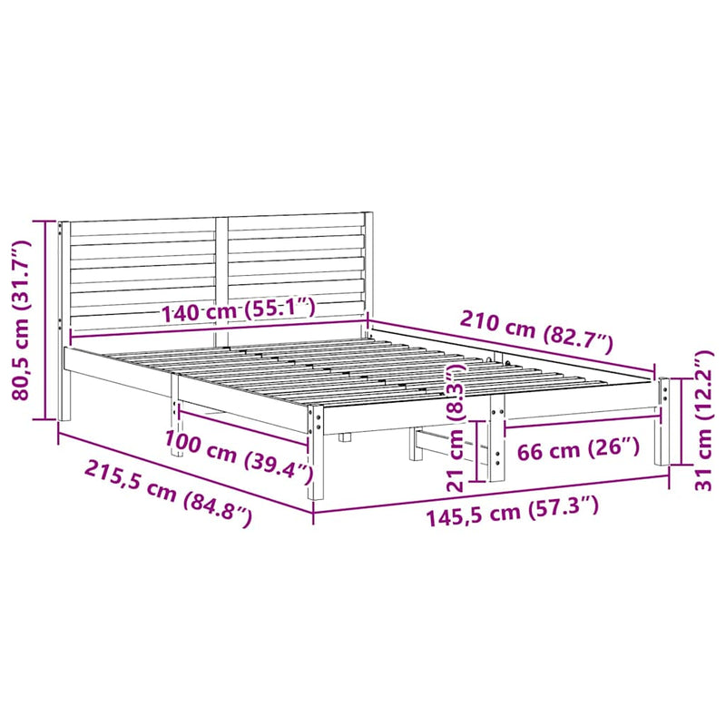 vidaXL Ágykeret fejtámlával Barna 140 x 210 cm Tömör fenyőfa