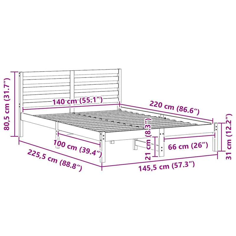 vidaXL Ágykeret fejtámlával Faggyú barna 140 x 220 cm Tömör fenyőfa