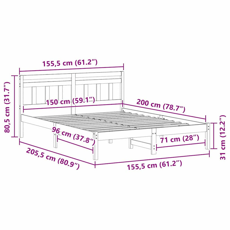 vidaXL Ágykeret Barna 150 x 200 cm Tömör fenyőfa