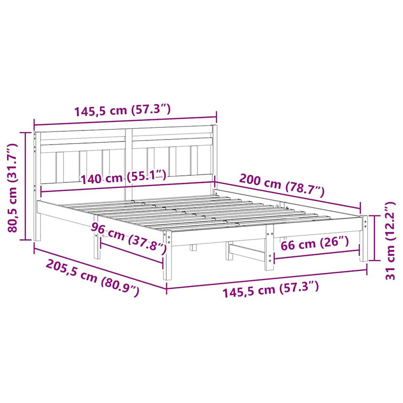 vidaXL Ágykeret Barna 140 x 200 cm Tömör fenyőfa