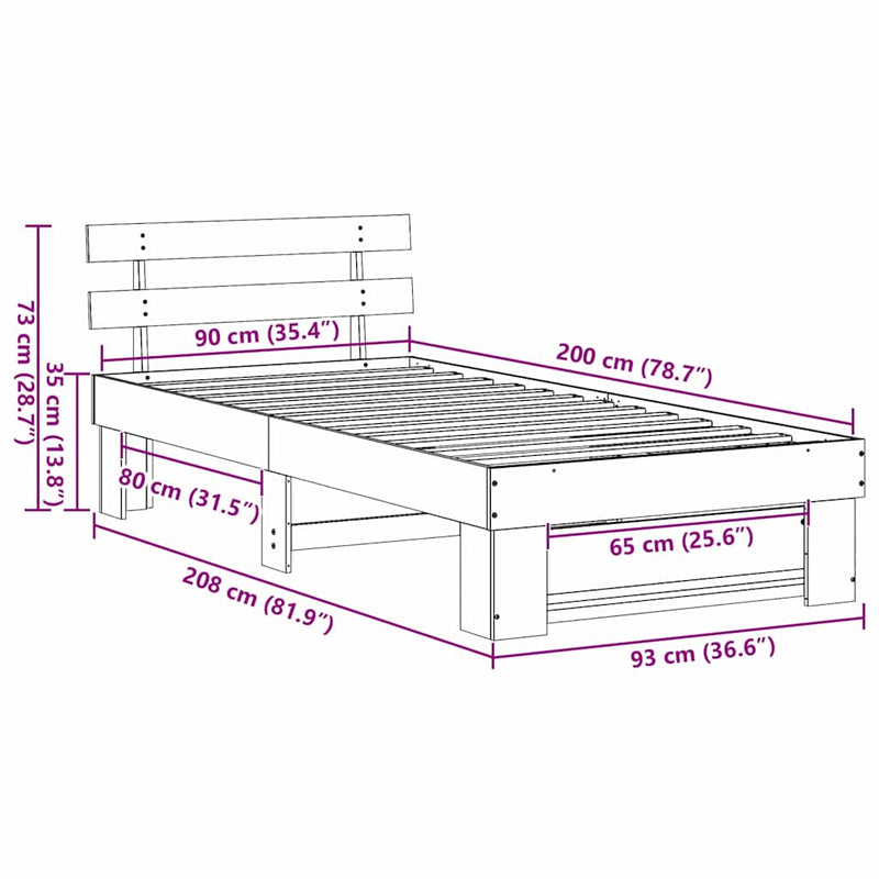 vidaXL Ágykeret fejtámlával Fehér 90 x 200 cm Tömör fenyőfa